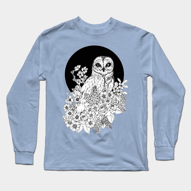 Owl Floral Eclipse - Black and White Long Sleeve T-Shirt by Plaguedog